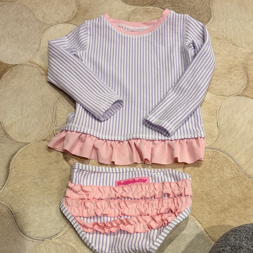 RuffleButts Pink and White Striped swim suit rash guard